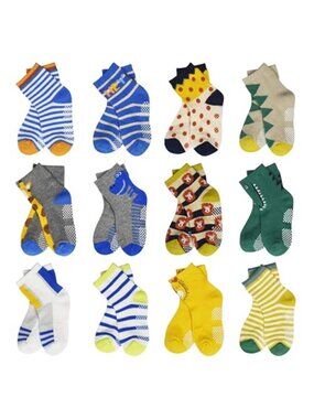 Non Slip Toddler Socks 12 Pairs Cartoon Grip Socks Boys Girls 1-7 Years Cotton
